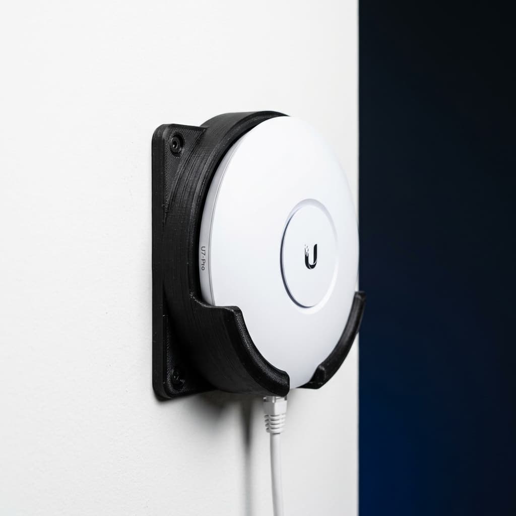 Custom 3D-printed wall mount holding a UniFi access point — precisely fitted to device dimensions